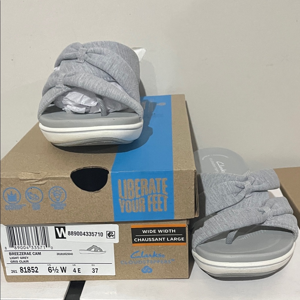 Clarks Light Breezerae Cam Light Grey Knotted Slide Sandals Wide